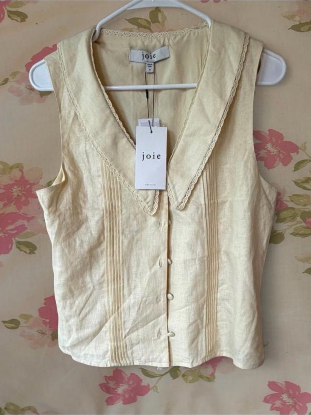 Joie Light Cream Linen Sleeveless Button-Up Blouse with Lace Collar